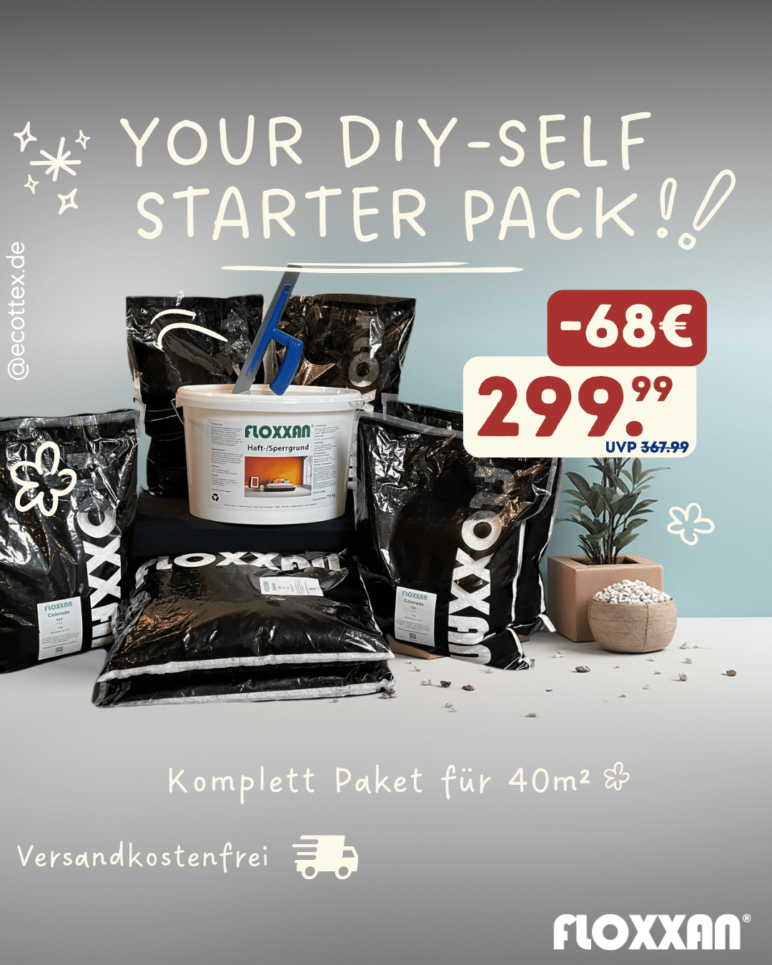Floxxan Baumwollputz Starter Set 40m² – Komplettpaket für Wandgestaltung Floxxan Baumwollputz Starter Set 40m² – komplettes Set mit Haftgrund und Werkzeug für natürliche Wandgestaltung