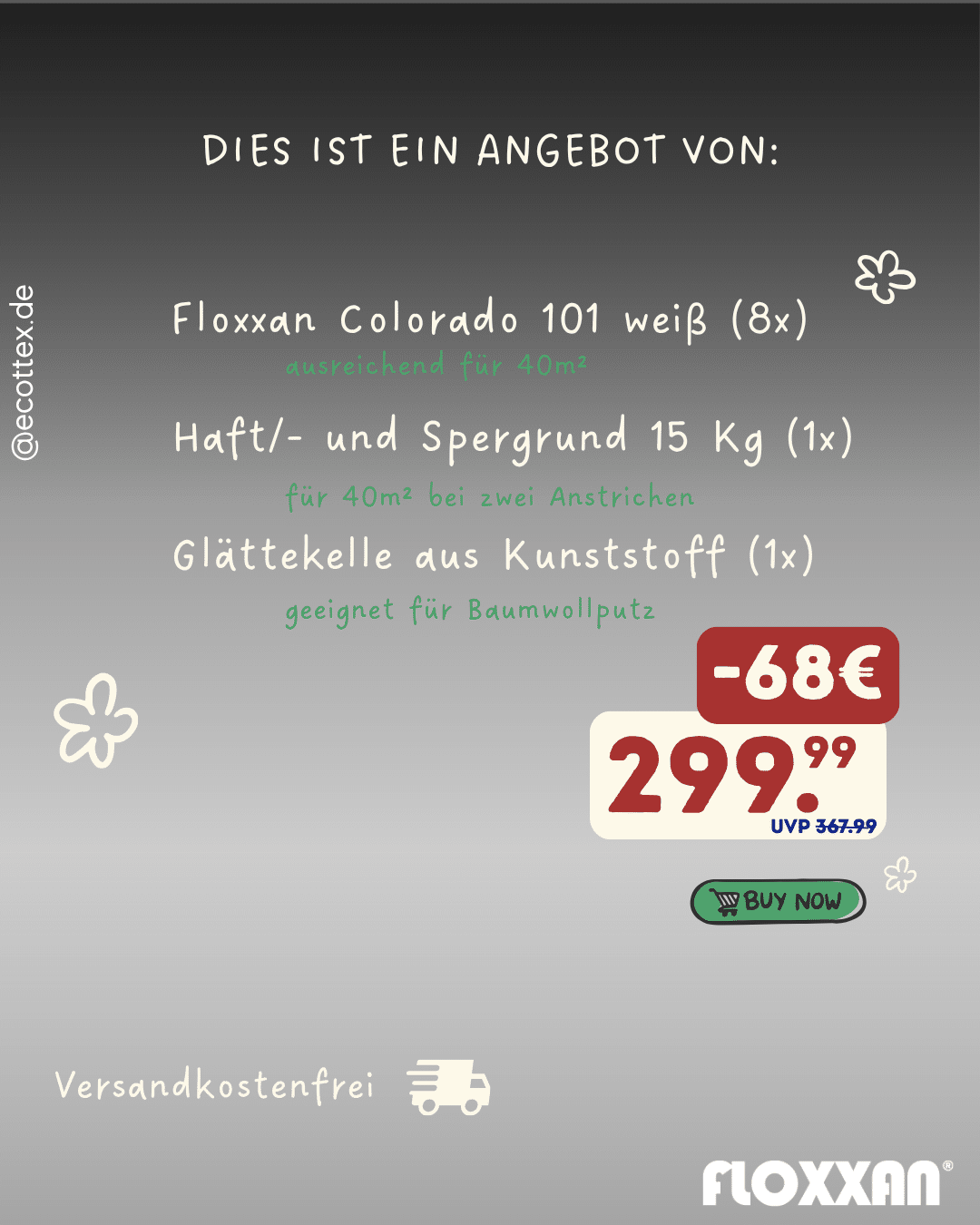 Floxxan Baumwollputz Starter Set 40m² – Angebotsübersicht Floxxan Baumwollputz Starter Set 40m² – Übersicht mit Inhalt: Flüssigtapete, Haftgrund und Glättekelle im Angebot.
