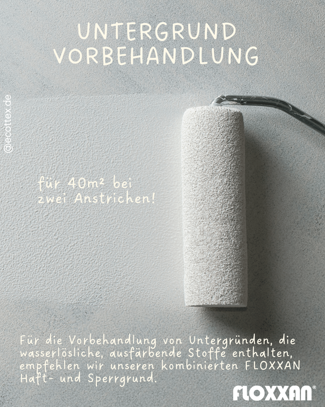 Floxxan Haftgrund auftragen – Wandvorbereitung für Baumwollputz Auftragen von Floxxan Haft- und Sperrgrund mit Farbrolle – Vorbereitung für Flüssigtapete.