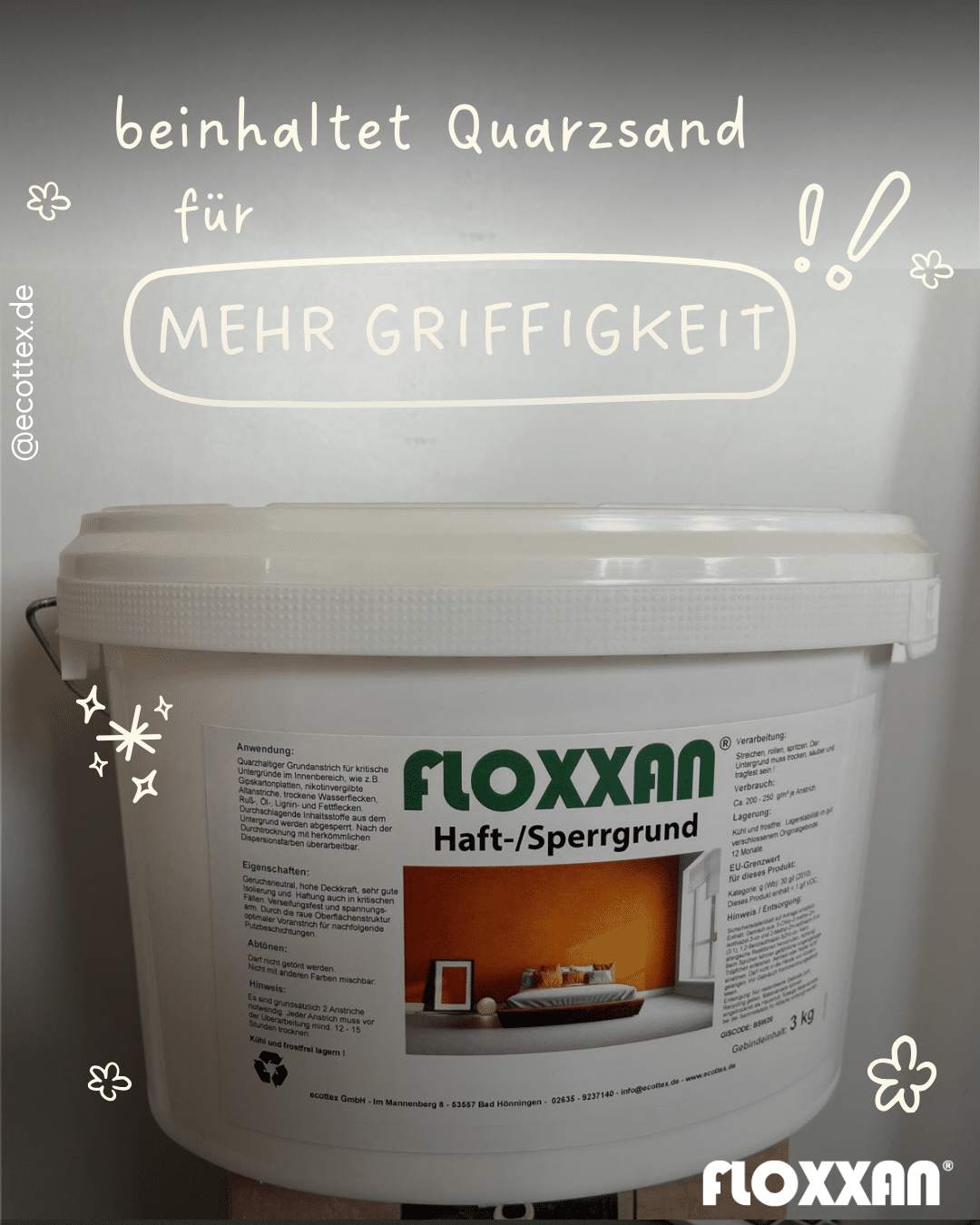 Floxxan Haft- und Sperrgrund – optimale Vorbereitung für Baumwollputz Floxxan Haft- und Sperrgrund – Grundierung für Flüssigtapete zur optimalen Haftung auf Wandflächen.