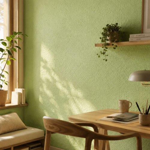 Floxxan Baumwollputz 120 Kiwi - Serie Colorado - Arbeitszimmer Floxxan Flüssigtapete in Kiwi - für edle Wandgestaltung im Wohnzimmer.